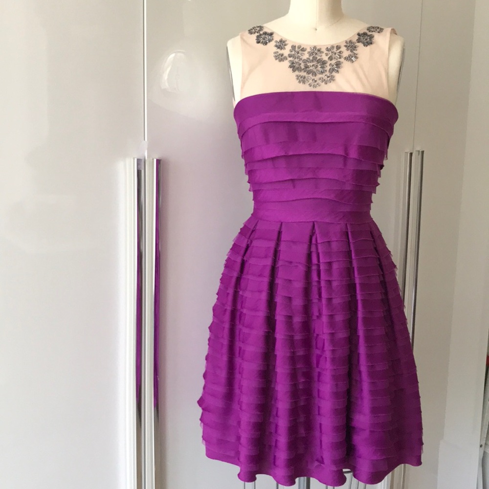 Ruffled silk dress with rhinestone collar